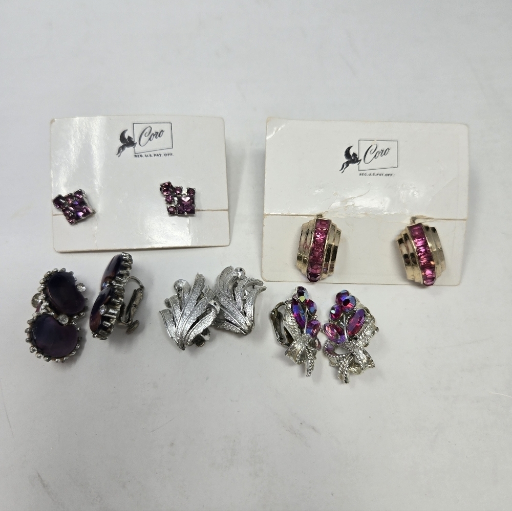 VINTAGE CORO SET OF 5 CLIP ON SCREW BACK EARRINGS PURPLE SILVER WOMEN JEWELRY